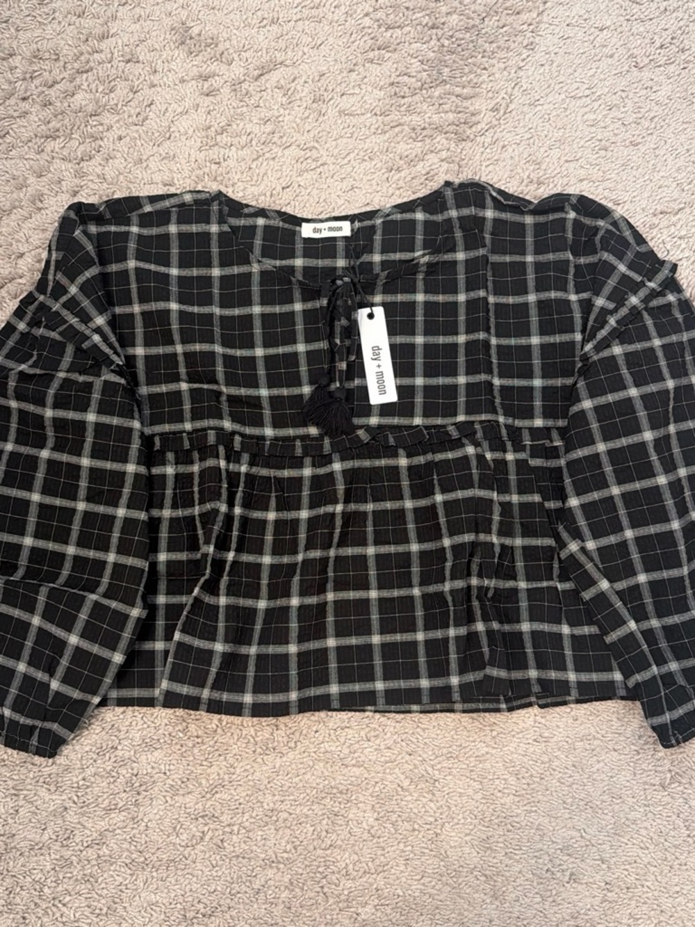 day + moon Black Plaid Tie-Neck Tunic Top